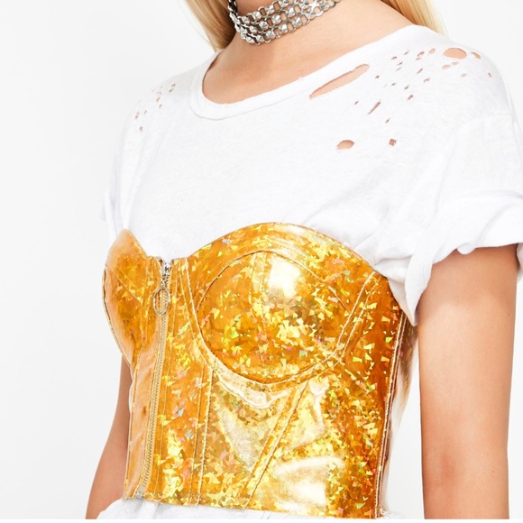 Dolls Kill Tops - GOLDEN PRISM PRINCESS HOLOGRAM BUSTIER